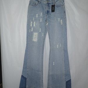 EXPRESS WOMEN'S RETRO LOOK DISTRESSED COLOR BLOCK RAW HEM FLARE LEG JEANS